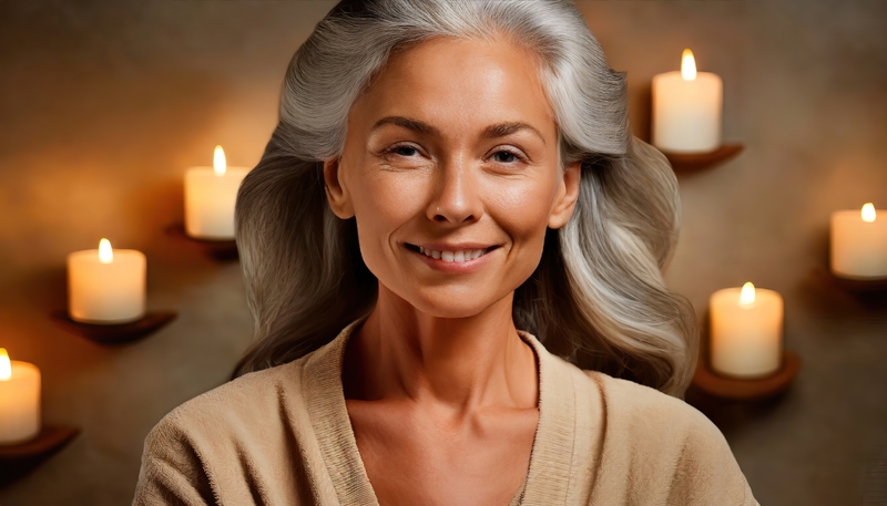 A serene portrait of an elderly woman with silver hair and warm candlelight in the background, reflecting relaxation and contentment.