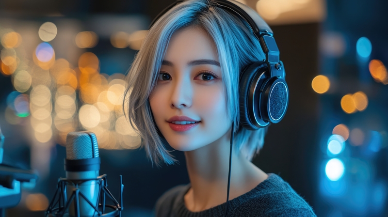 Young Asian Woman with Silver Hair Recording Podcast in Modern Studio with Professional Equipment.