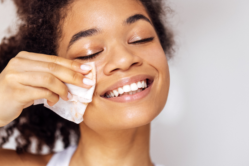 Close up of face of young happy attractive African washing off her makeup.