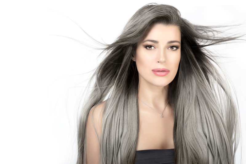 Young woman with long trendy silver hair. Attractive young woman with long trendy silver grey hair blowing in a breeze. Beauty portrait isolated on white