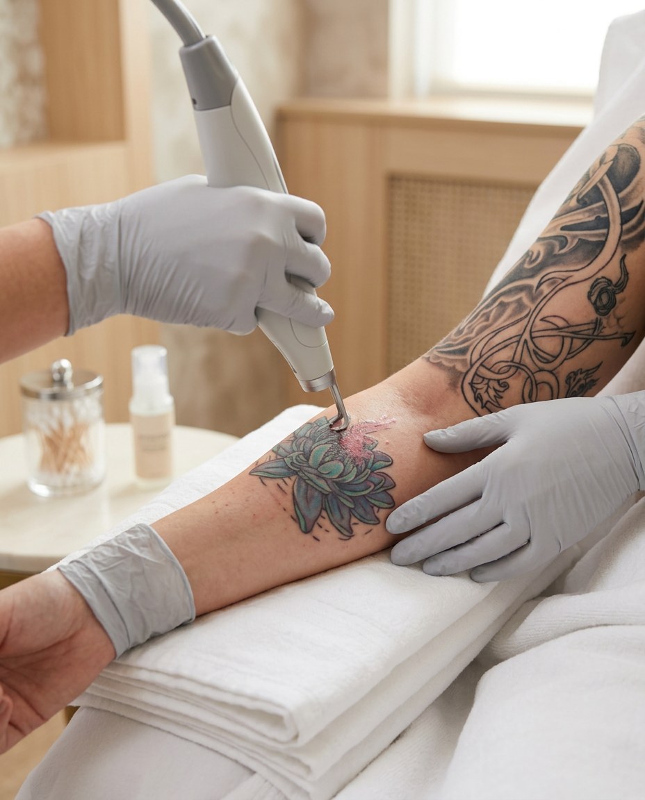 Close-up laser tattoo removal treatment on a forearm in a warm medical spa