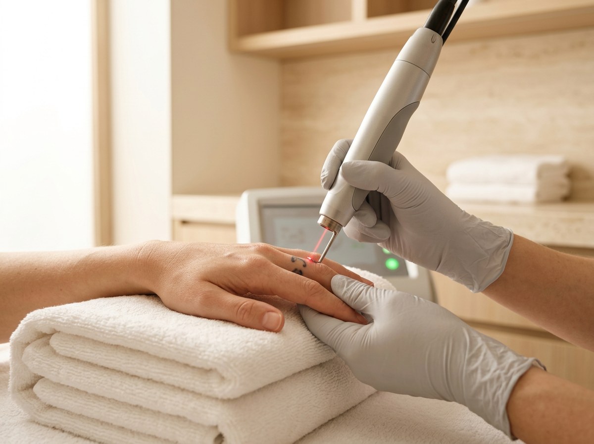 Gloved specialist treating a small finger tattoo in a serene spa room