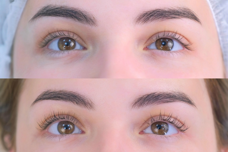 Woman`s lashes after and before beauty procedure of eyelash lifting and laminating, closeup. Woman`s lashes after and before beauty procedure of eyelash lifting and laminating in beauty clinic, eyes closeup. Young woman in cosmetology clinic with open eyes. Lift of lash and eyelash.