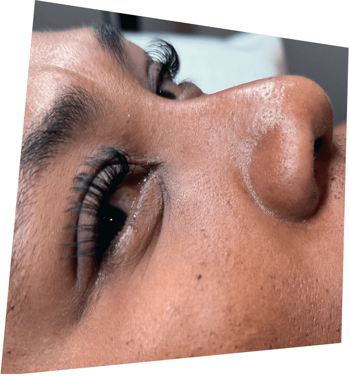 Detailed close-up of a finished eyelash extension set
