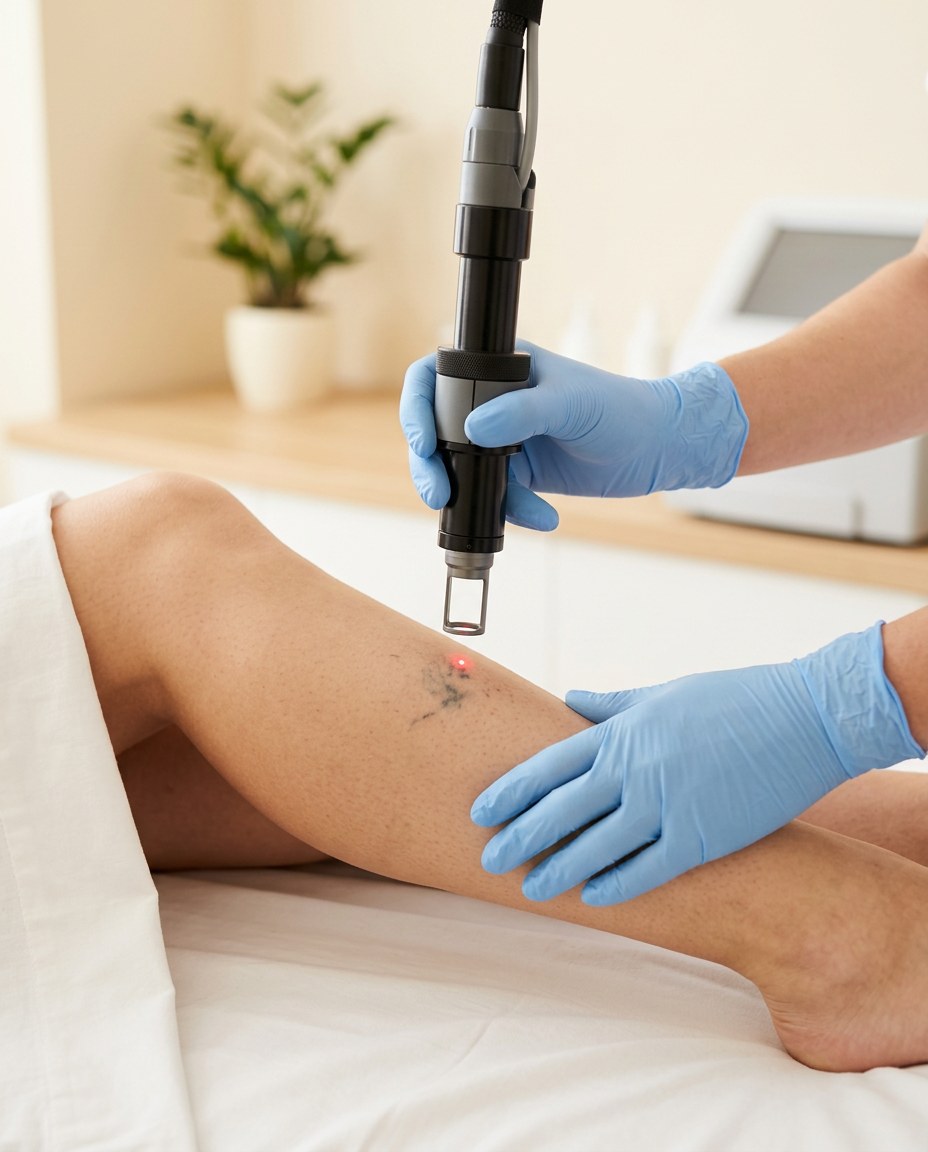 Laser removal of a small lower-leg tattoo on a spa treatment bed